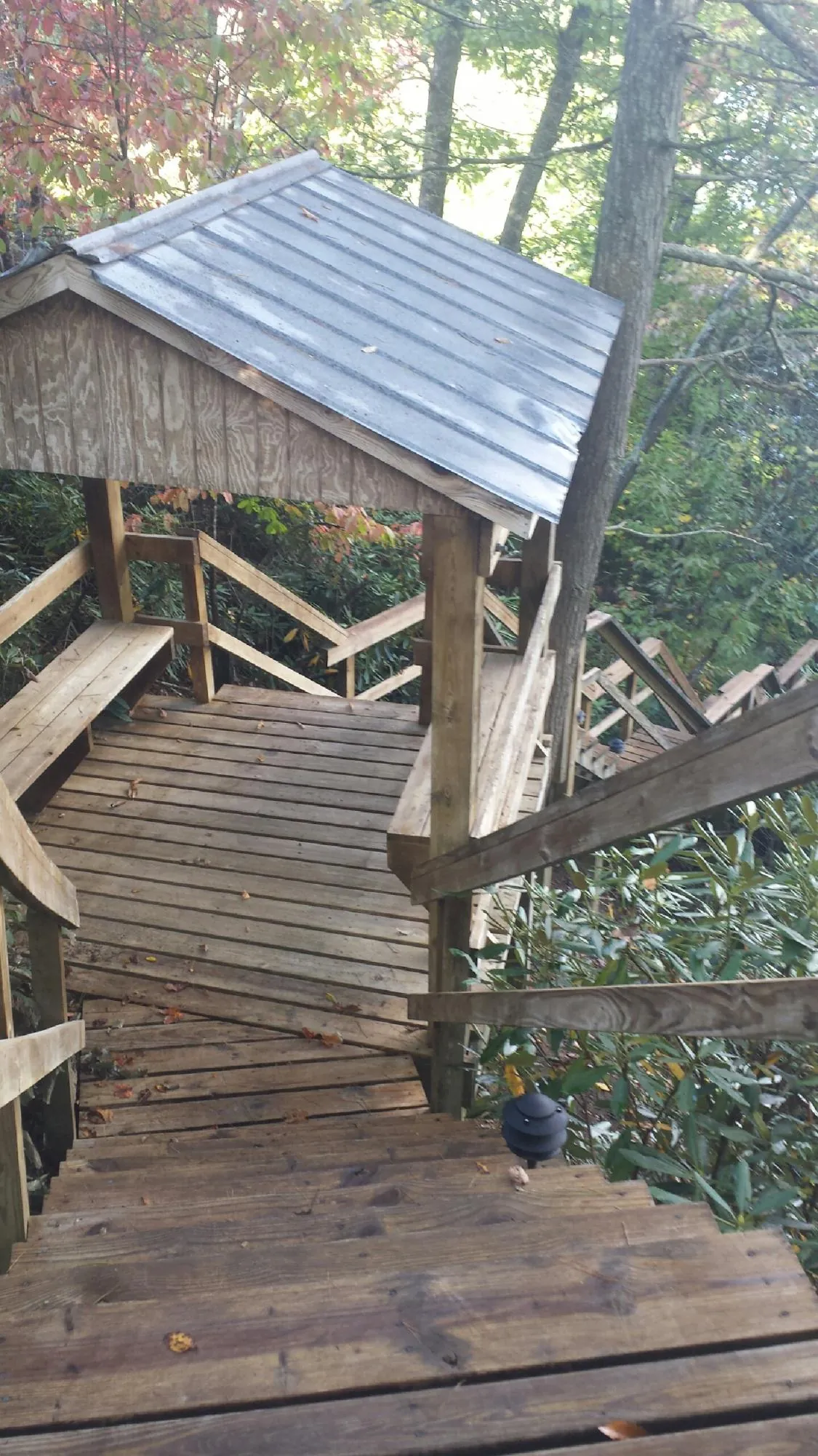 Metal roofed shelter over wooden steps on a wooded walkway — Skylight Repair & Installation work by our crew in Brooten